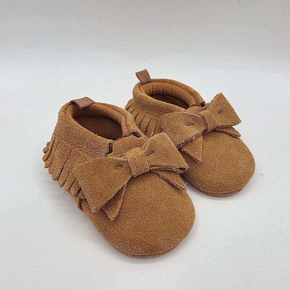 Baby Gap Brown‎ Faux Suede Fringe Bow Moccasin Soft Sole Shoes Baby Girls 2